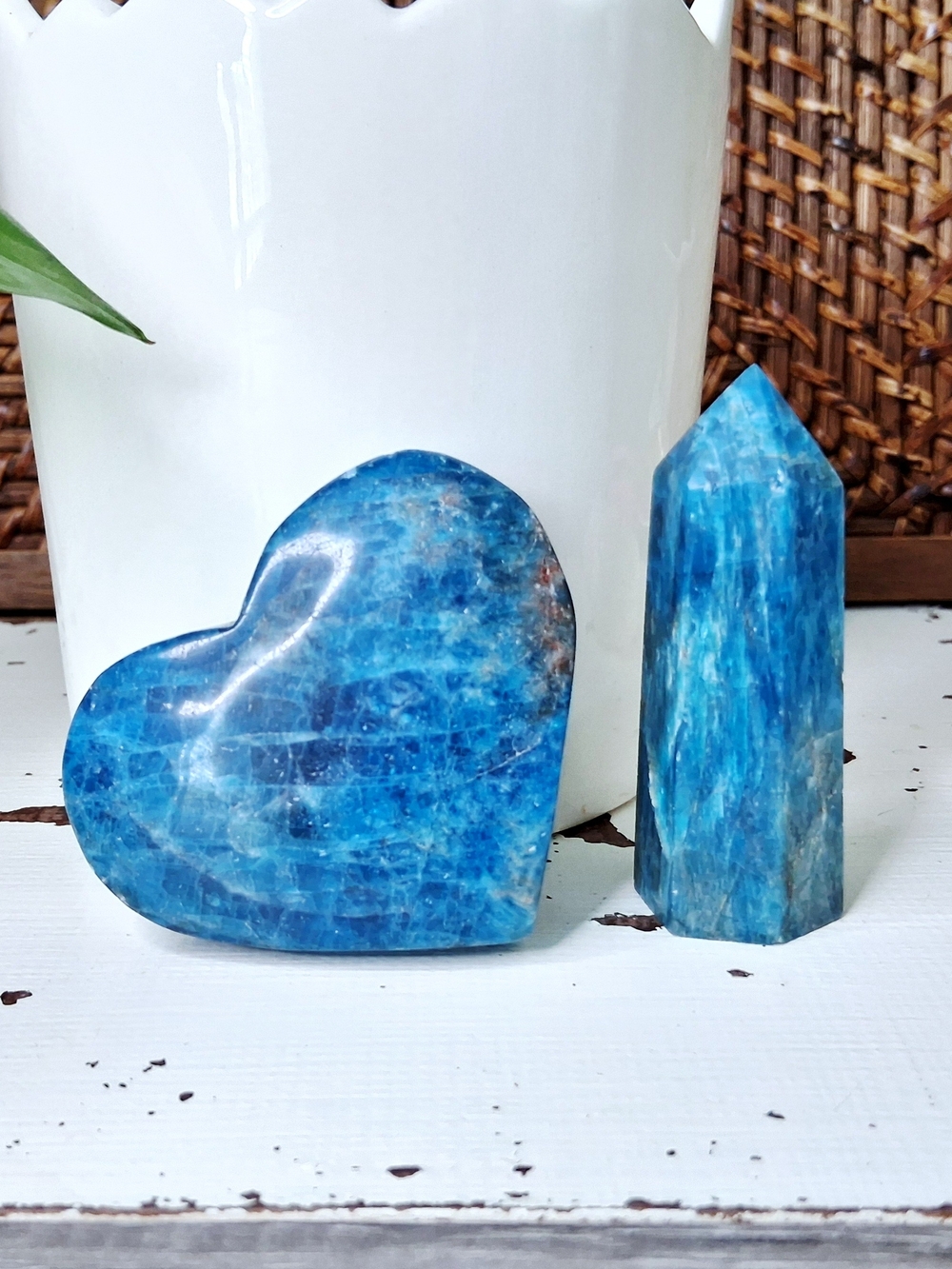 Blue Apatite Crystal Set, Obelisk Tower & Heart